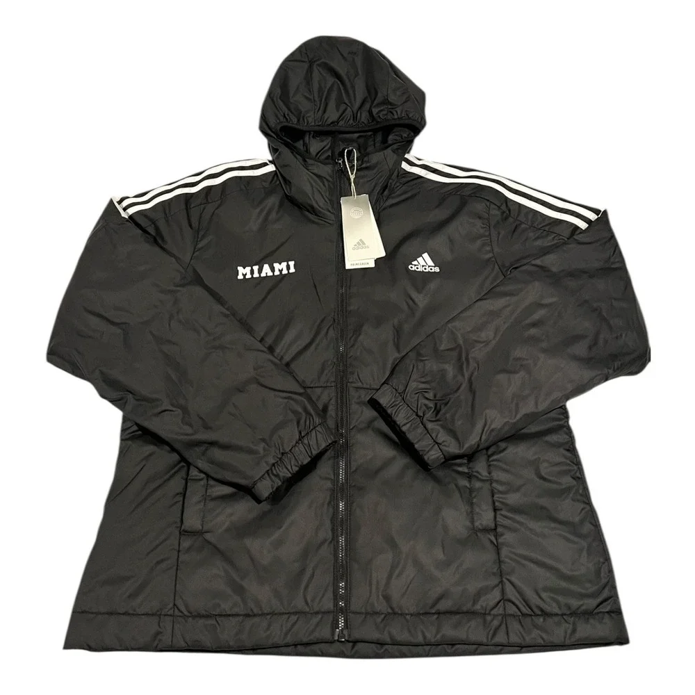 NWT Adidas Miami Men's L Black Full-Zip‎ Hooded Jacket White Stripes Logo